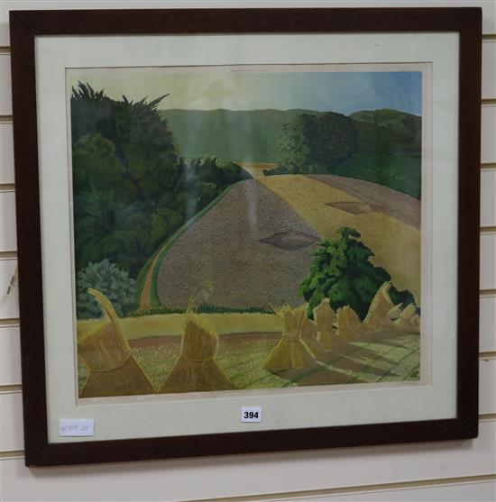 John Nash (1893-1977), colour print, haystacks in a landscape, signed in ink, 50 x 55cm